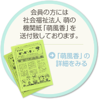 会員の方には社会福祉法人萌の機関紙「萌風香」を送付致しております。 「萌風香」の詳細をみる