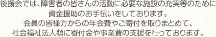 後援会では、障害者の皆さんの活動に必要な施設の充実等のために資金援助のお手伝いをしております。会員の皆様方からの年会費やご寄付を取りまとめて、社会福祉法人萌に寄付金や事業費の支援を行っております。